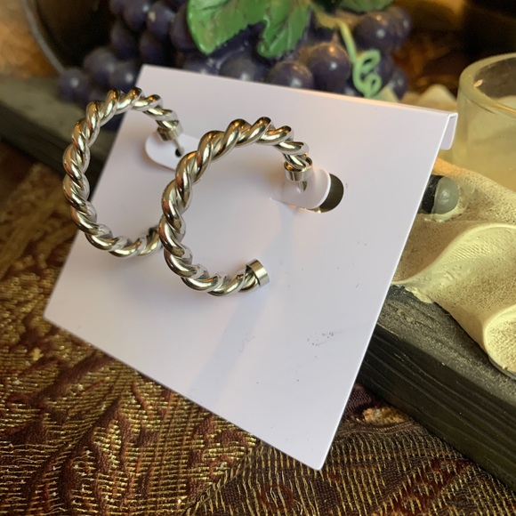 adornia Jewelry - Authentic White rhodium plated stainless steel twisted hoop earrings